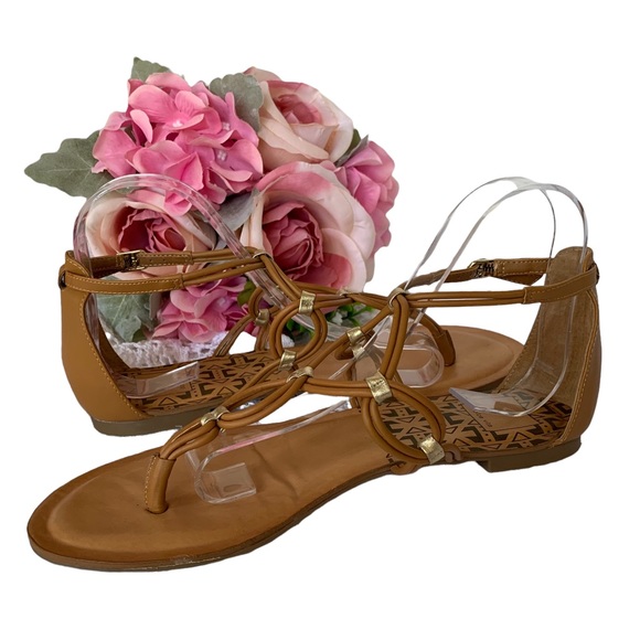 DOLCE VITA T-STRAP GOLD ACCENT CAMEL TAN LEATHER GLADIATOR SANDALS THONG SANDALS - Picture 7 of 14